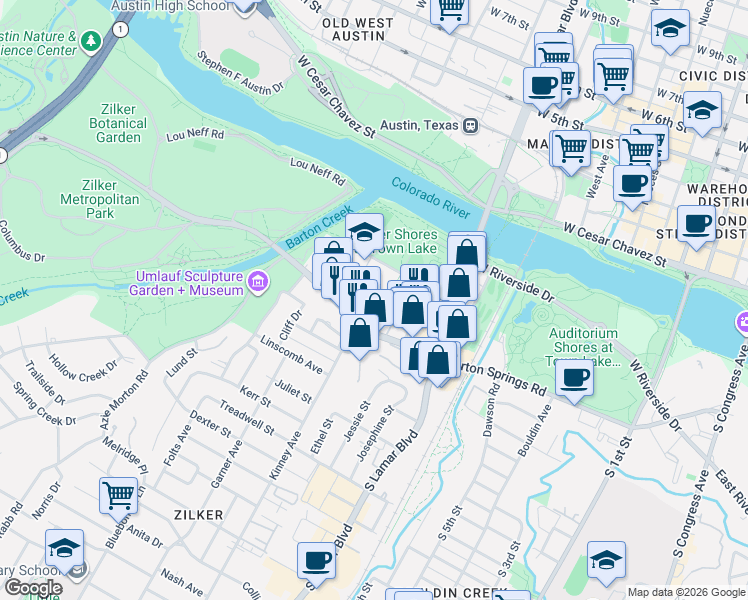 map of restaurants, bars, coffee shops, grocery stores, and more near 1600 Barton Springs Road in Austin