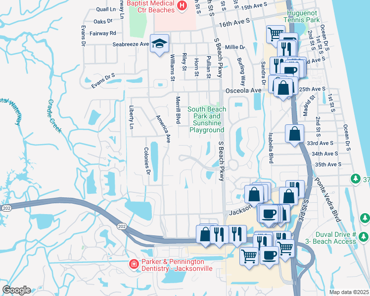 map of restaurants, bars, coffee shops, grocery stores, and more near 3398 Zephyr Way North in Jacksonville Beach