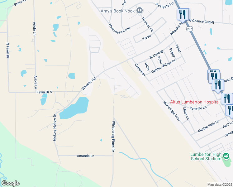 map of restaurants, bars, coffee shops, grocery stores, and more near 5382 Wheeler Road in Lumberton