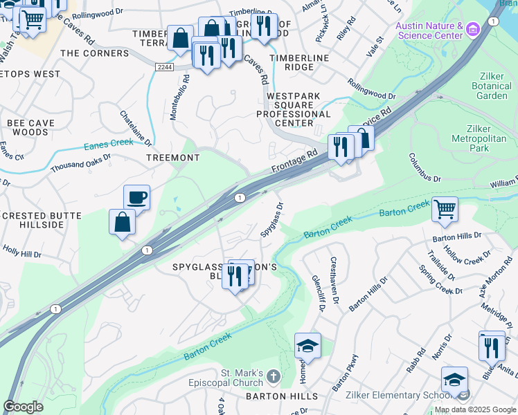 map of restaurants, bars, coffee shops, grocery stores, and more near 1221 South MoPac Expressway in Austin