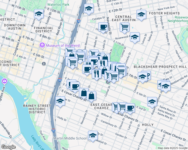 map of restaurants, bars, coffee shops, grocery stores, and more near in Austin