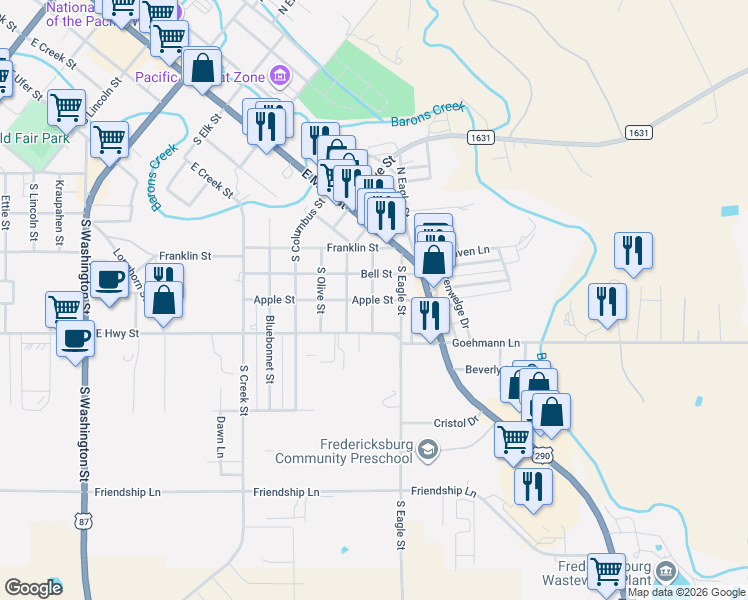 map of restaurants, bars, coffee shops, grocery stores, and more near 507 South Pear Street in Fredericksburg