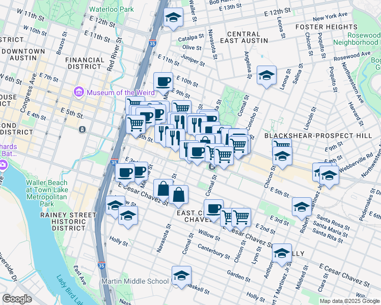 map of restaurants, bars, coffee shops, grocery stores, and more near in Austin