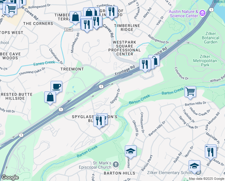 map of restaurants, bars, coffee shops, grocery stores, and more near 1221 South MoPac Expressway in Austin