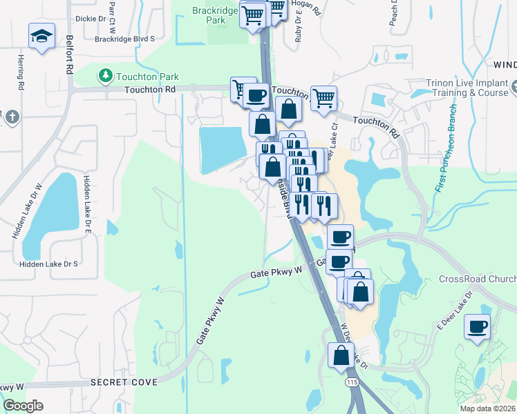 map of restaurants, bars, coffee shops, grocery stores, and more near Deerwood Lake Parkway in Jacksonville