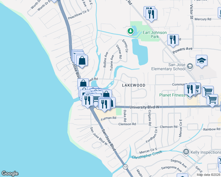 map of restaurants, bars, coffee shops, grocery stores, and more near 5525 Auburn Road in Jacksonville