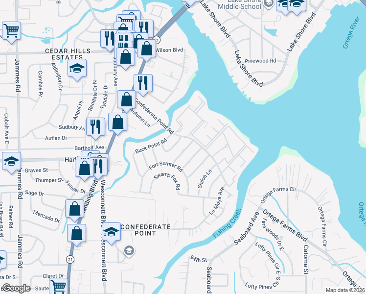 map of restaurants, bars, coffee shops, grocery stores, and more near 4358 Savannah Avenue in Jacksonville