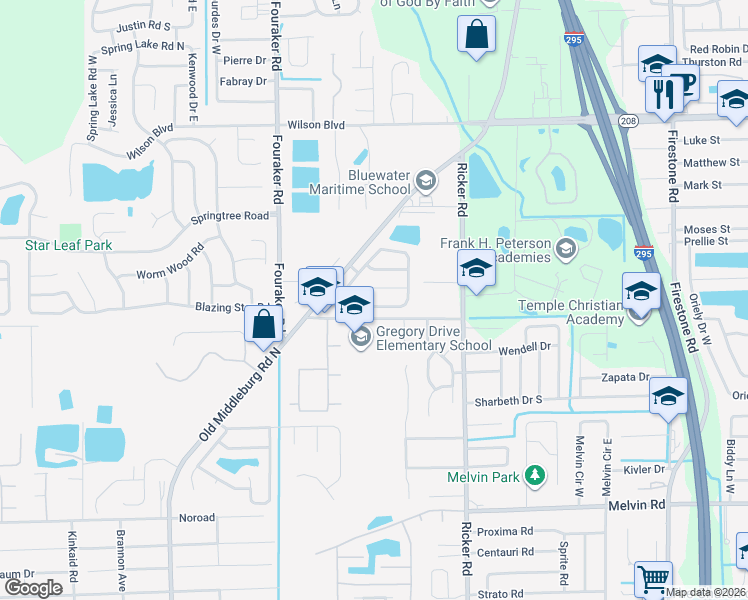 map of restaurants, bars, coffee shops, grocery stores, and more near 7818 Hunters Lake Circle East in Jacksonville