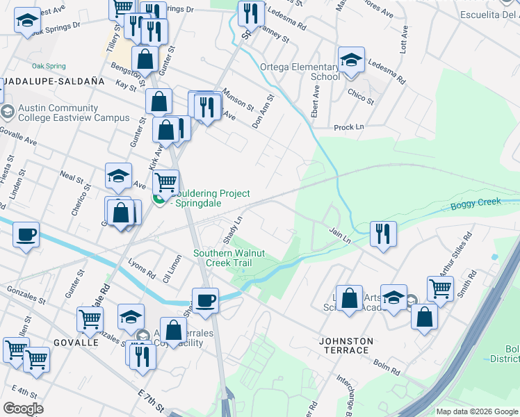 map of restaurants, bars, coffee shops, grocery stores, and more near 1141 Shady Lane in Austin