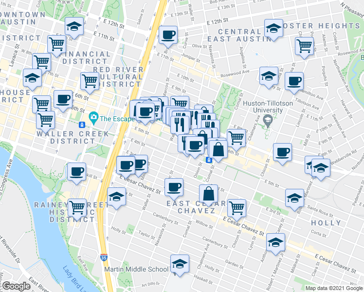 map of restaurants, bars, coffee shops, grocery stores, and more near in Austin