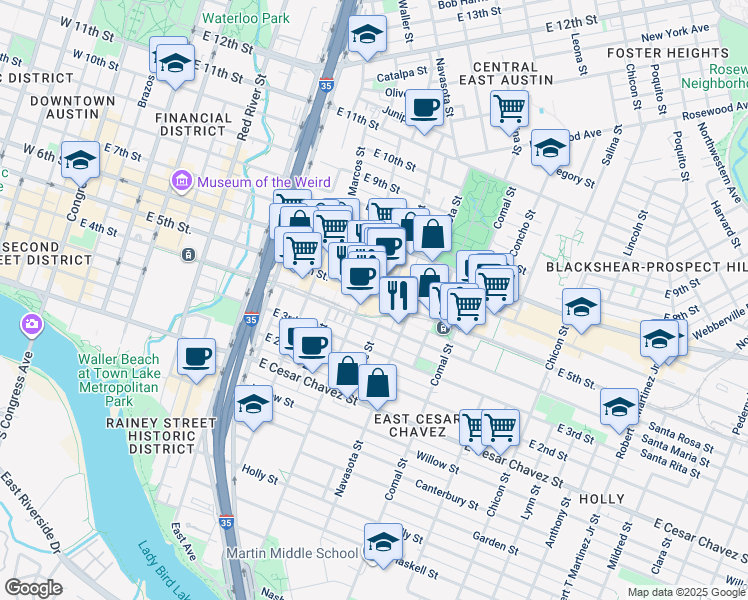 map of restaurants, bars, coffee shops, grocery stores, and more near 1205 East 4th Street in Austin