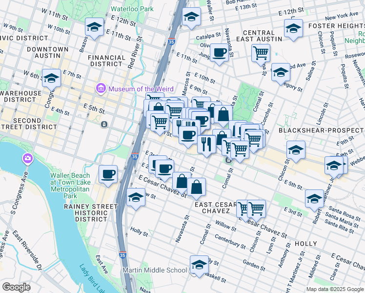 map of restaurants, bars, coffee shops, grocery stores, and more near 1207 East 4th Street in Austin