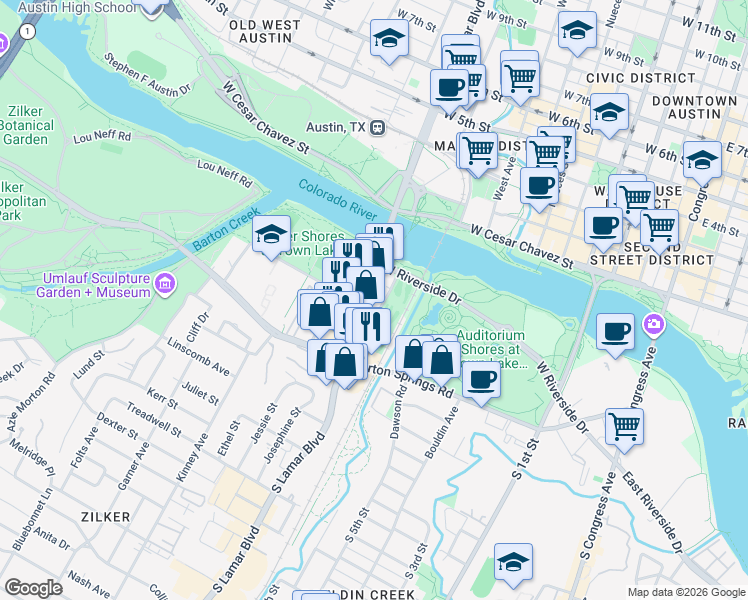 map of restaurants, bars, coffee shops, grocery stores, and more near 201 Lee Barton Drive in Austin
