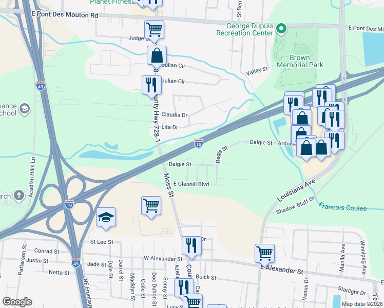 map of restaurants, bars, coffee shops, grocery stores, and more near 204 Crestview Circle in Lafayette