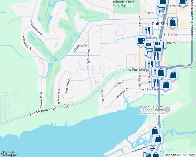 map of restaurants, bars, coffee shops, grocery stores, and more near 1430 Regency Road in Gulf Shores