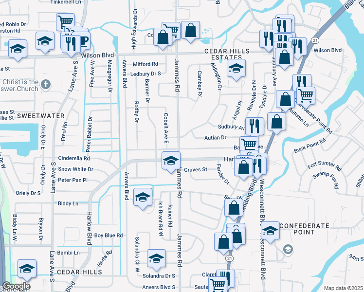 map of restaurants, bars, coffee shops, grocery stores, and more near 6357 Bartholf Avenue in Jacksonville