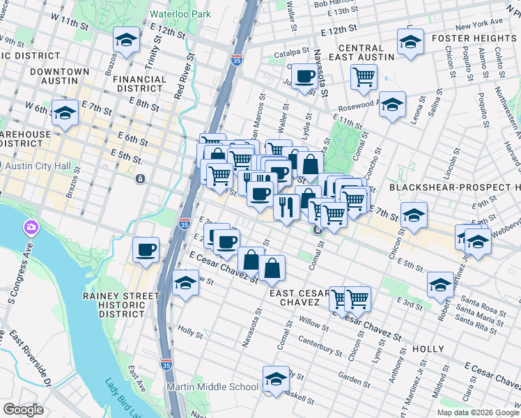 map of restaurants, bars, coffee shops, grocery stores, and more near 419 Waller St in Austin