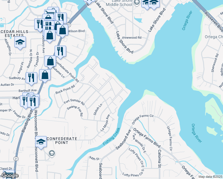 map of restaurants, bars, coffee shops, grocery stores, and more near 4375 Confederate Point Road in Jacksonville