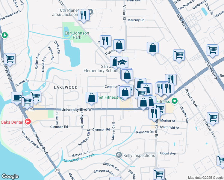 map of restaurants, bars, coffee shops, grocery stores, and more near 5471 John Road in Jacksonville