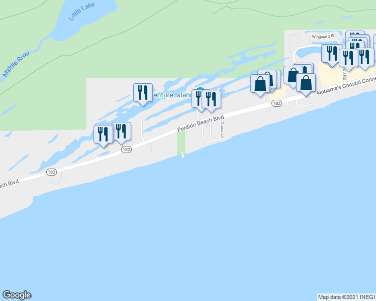 map of restaurants, bars, coffee shops, grocery stores, and more near 24522 Perdido Beach Boulevard in Orange Beach