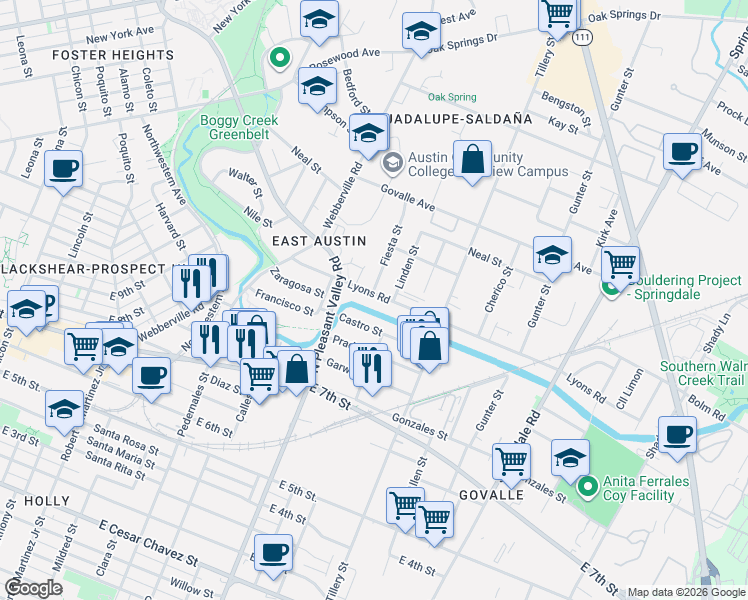 map of restaurants, bars, coffee shops, grocery stores, and more near 2905 Lyons Road in Austin