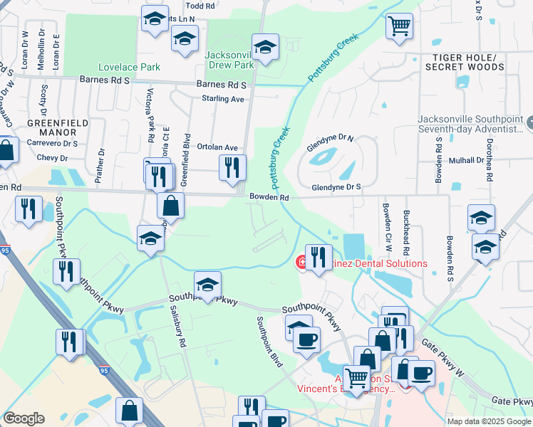 map of restaurants, bars, coffee shops, grocery stores, and more near 6700 Bowden Road in Jacksonville
