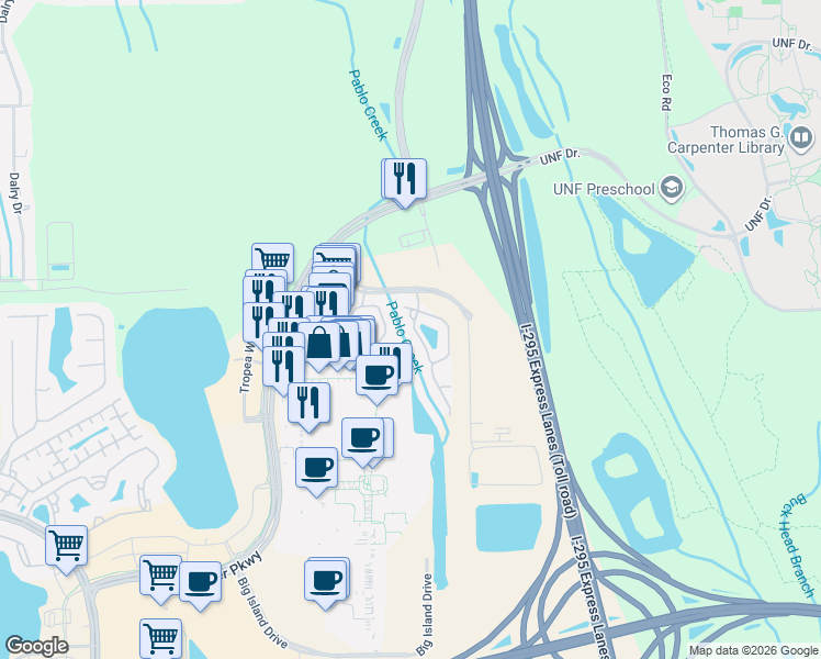 map of restaurants, bars, coffee shops, grocery stores, and more near 4416 Capital Dome Drive in Jacksonville