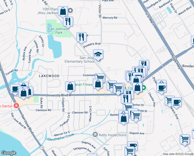 map of restaurants, bars, coffee shops, grocery stores, and more near 2679 Community Road in Jacksonville