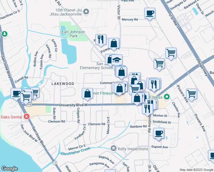 map of restaurants, bars, coffee shops, grocery stores, and more near 5471 John Road in Jacksonville