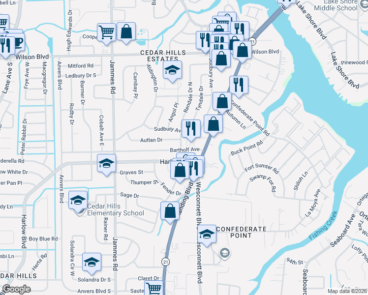 map of restaurants, bars, coffee shops, grocery stores, and more near 6041 Bartholf Avenue in Jacksonville