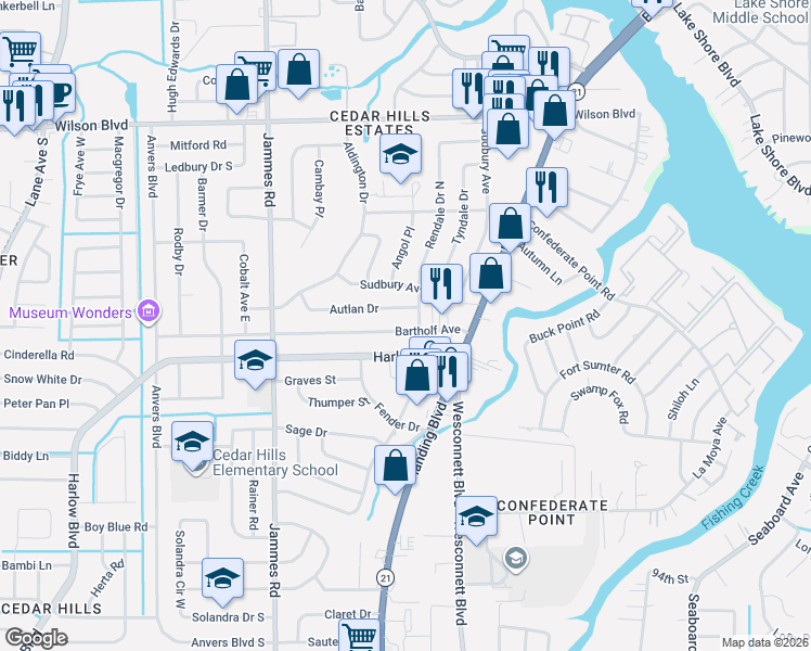 map of restaurants, bars, coffee shops, grocery stores, and more near 6123 Autlan Drive in Jacksonville