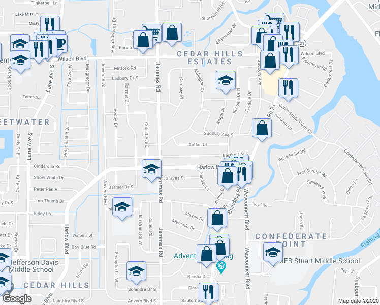 map of restaurants, bars, coffee shops, grocery stores, and more near 6305 Autlan Drive in Jacksonville