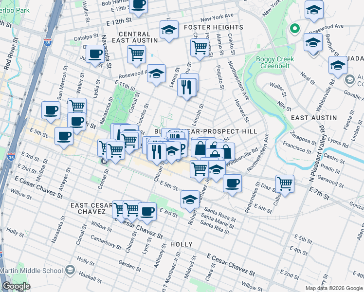 map of restaurants, bars, coffee shops, grocery stores, and more near 1910 East 9th Street in Austin
