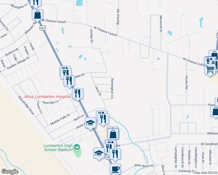 map of restaurants, bars, coffee shops, grocery stores, and more near 130 Remington Circle in Lumberton