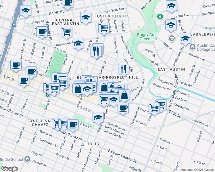map of restaurants, bars, coffee shops, grocery stores, and more near 2012 East 9th Street in Austin