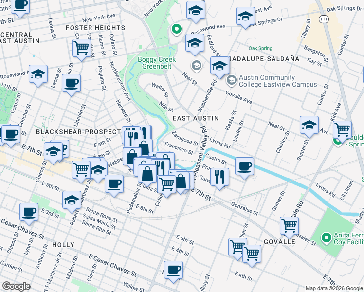 map of restaurants, bars, coffee shops, grocery stores, and more near 2704 Zaragosa Street in Austin