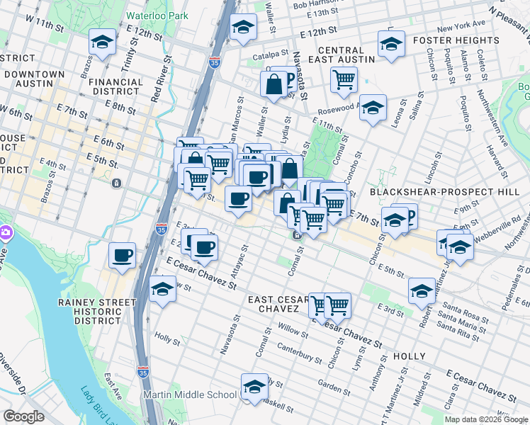 map of restaurants, bars, coffee shops, grocery stores, and more near 1300 East 5th Street in Austin