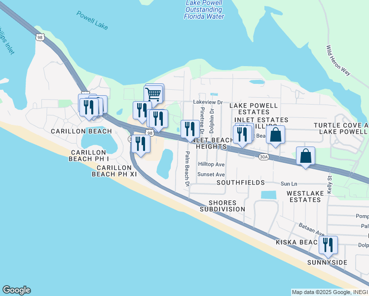 map of restaurants, bars, coffee shops, grocery stores, and more near 337 Palm Beach Drive in Panama City Beach