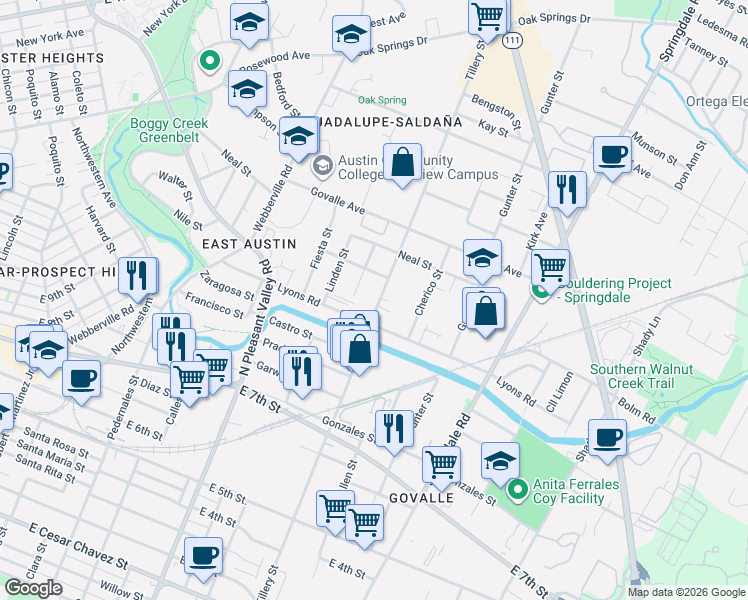 map of restaurants, bars, coffee shops, grocery stores, and more near 1005 Brass Street in Austin