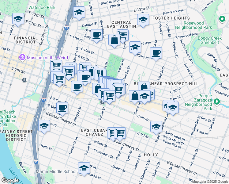 map of restaurants, bars, coffee shops, grocery stores, and more near 1502 East 16th Street in Austin