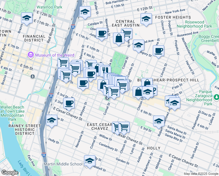 map of restaurants, bars, coffee shops, grocery stores, and more near 1502 East 16th Street in Austin