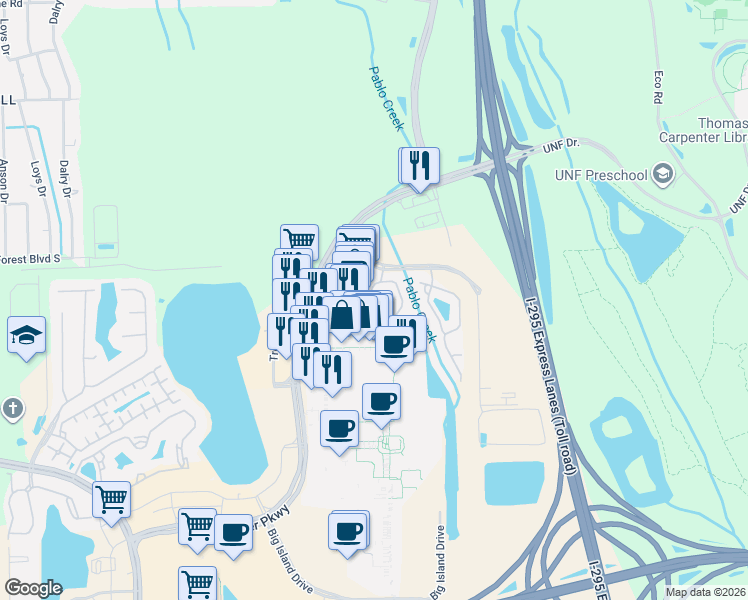 map of restaurants, bars, coffee shops, grocery stores, and more near 4413 Town Center Parkway in Jacksonville