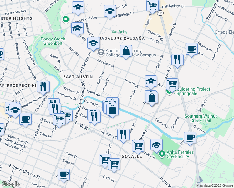 map of restaurants, bars, coffee shops, grocery stores, and more near 1005 Brass Street in Austin
