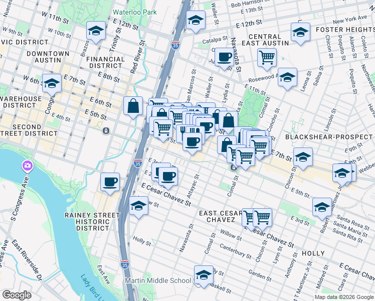 map of restaurants, bars, coffee shops, grocery stores, and more near in Austin