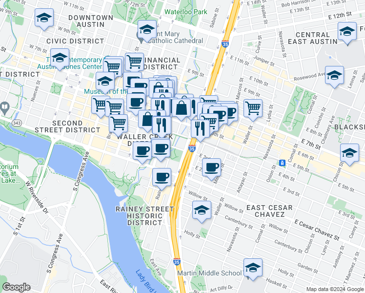 map of restaurants, bars, coffee shops, grocery stores, and more near 311 Sabine Street in Austin