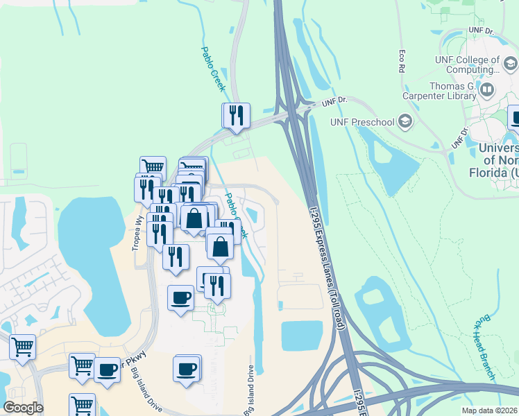 map of restaurants, bars, coffee shops, grocery stores, and more near 4452 Capital Dome Drive in Jacksonville