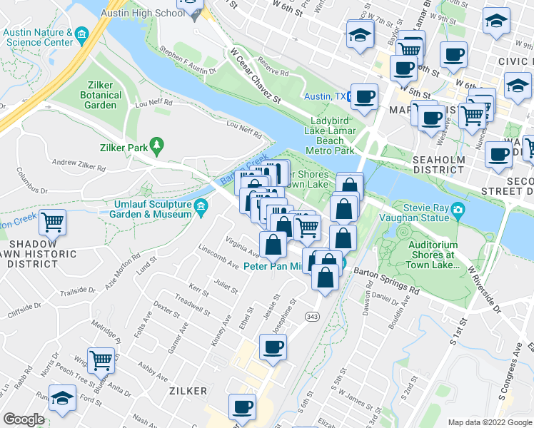 map of restaurants, bars, coffee shops, grocery stores, and more near 1626 Barton Springs Road in Austin