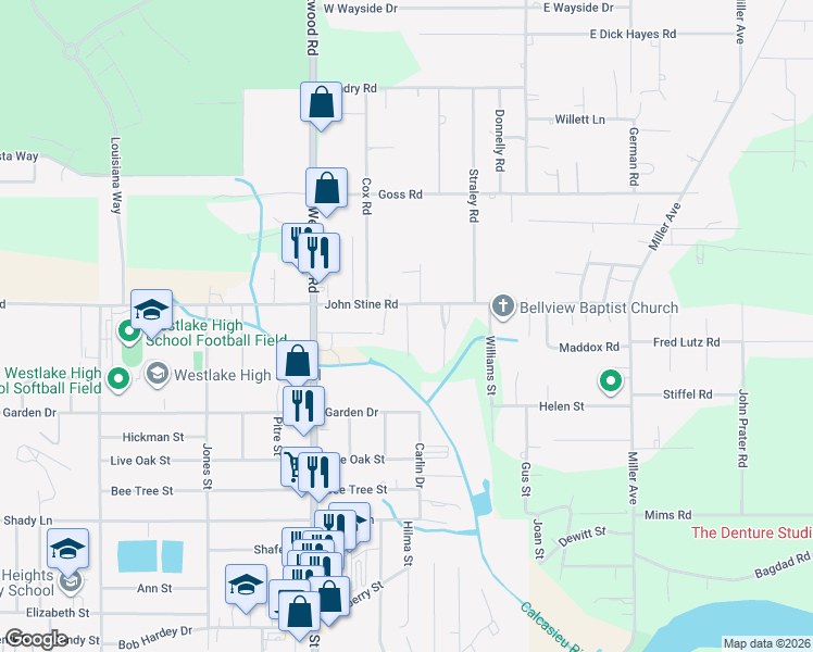map of restaurants, bars, coffee shops, grocery stores, and more near 2323 Ewing Lane in Westlake