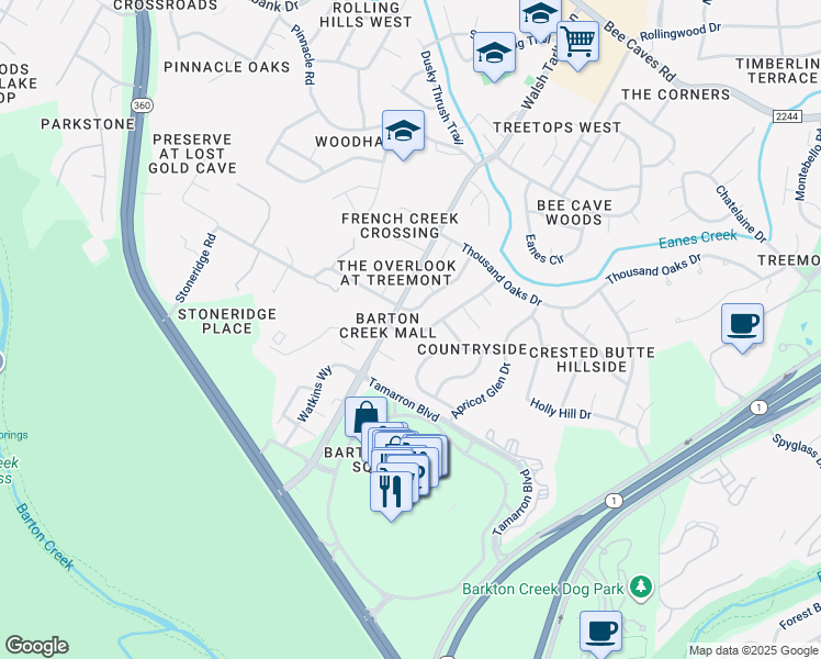 map of restaurants, bars, coffee shops, grocery stores, and more near 2006 Mistywood Drive in Austin