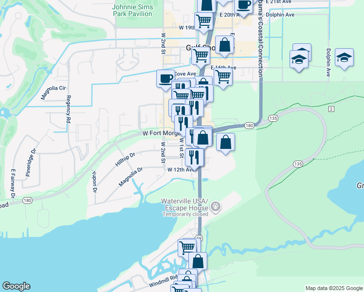 map of restaurants, bars, coffee shops, grocery stores, and more near 117 West 14th Avenue in Gulf Shores